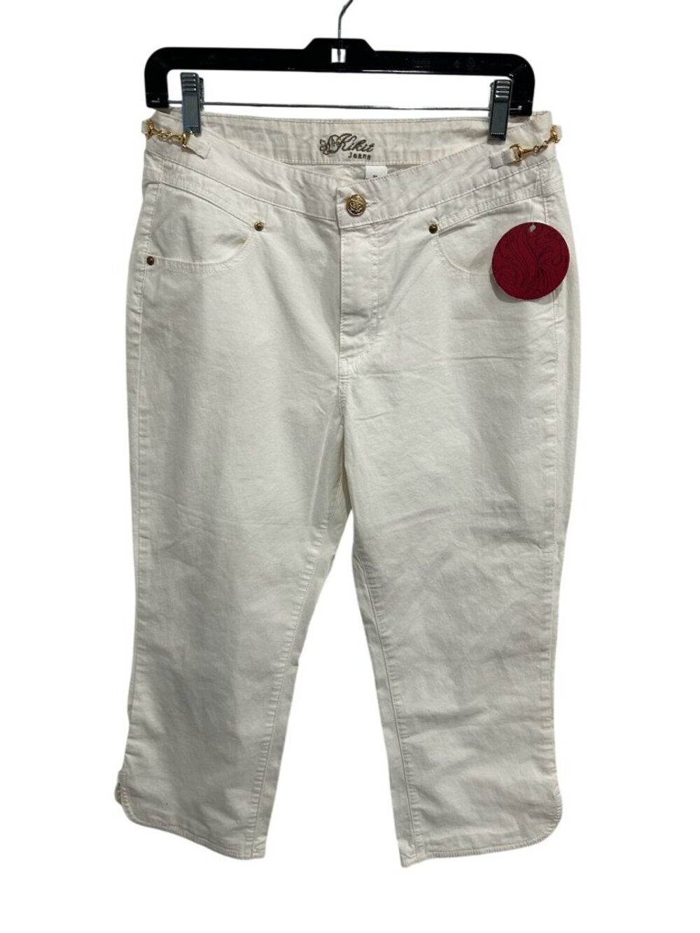 Kikit Jeans Capri Pants Gold Accent Buttons Chain Detail Sz 10 Preppy Casual NEW